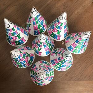Vintage Birthday Party Hat Lot of 8 Paper 1980's Neon Happy Birthday CRAFT READ!